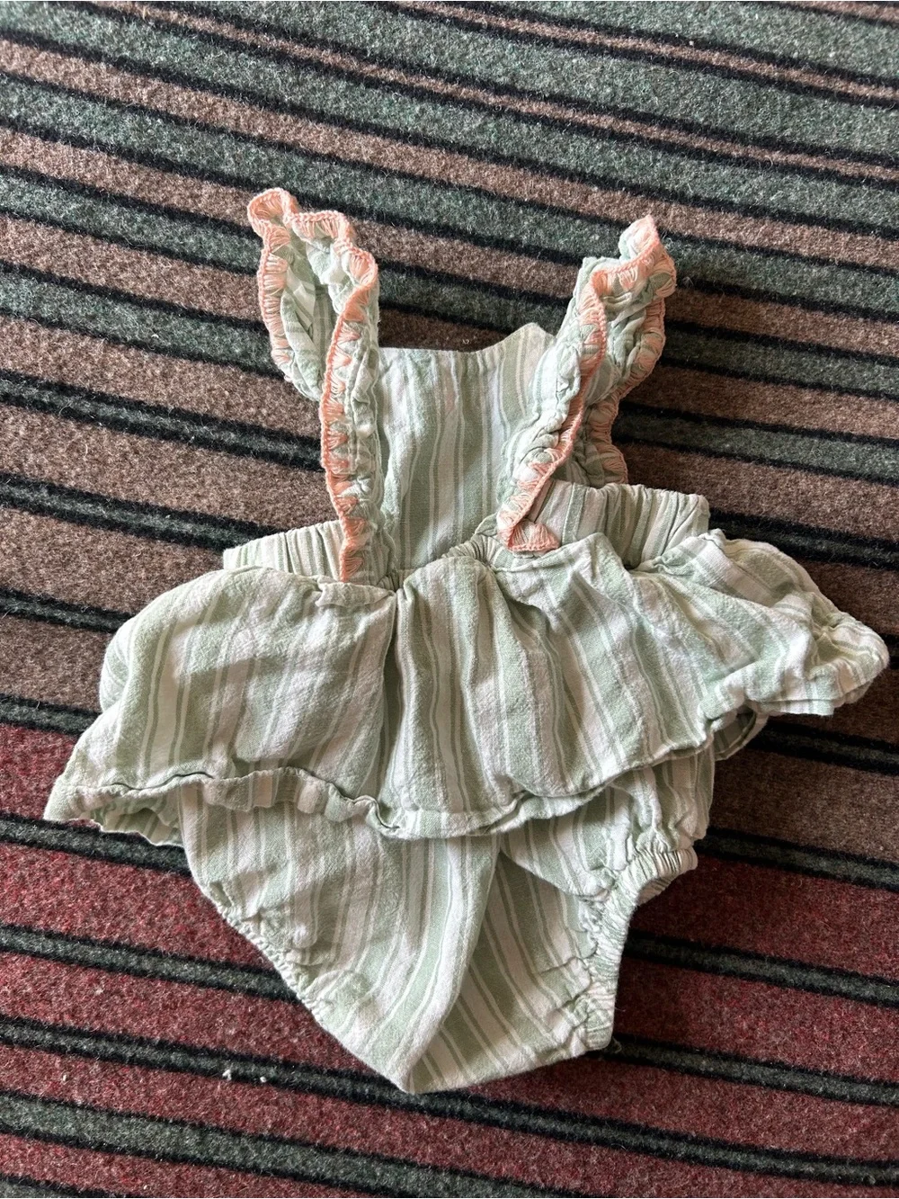 Carter's Mint Green Striped Ruffle Romper with Peach Embroidery